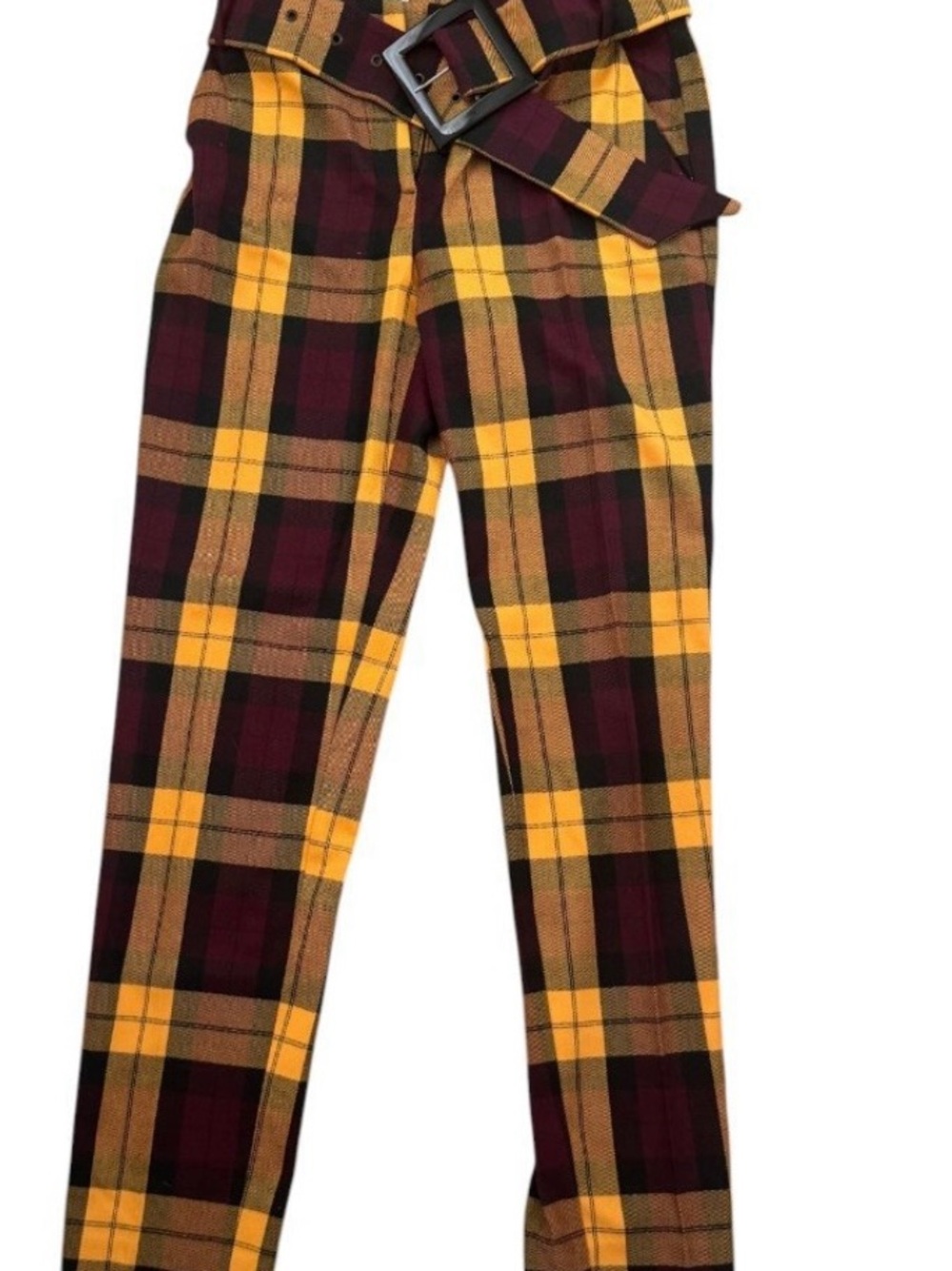Tiziano Zorzan Yellow and Burgundy Plaid High-Waist Trousers with Belt